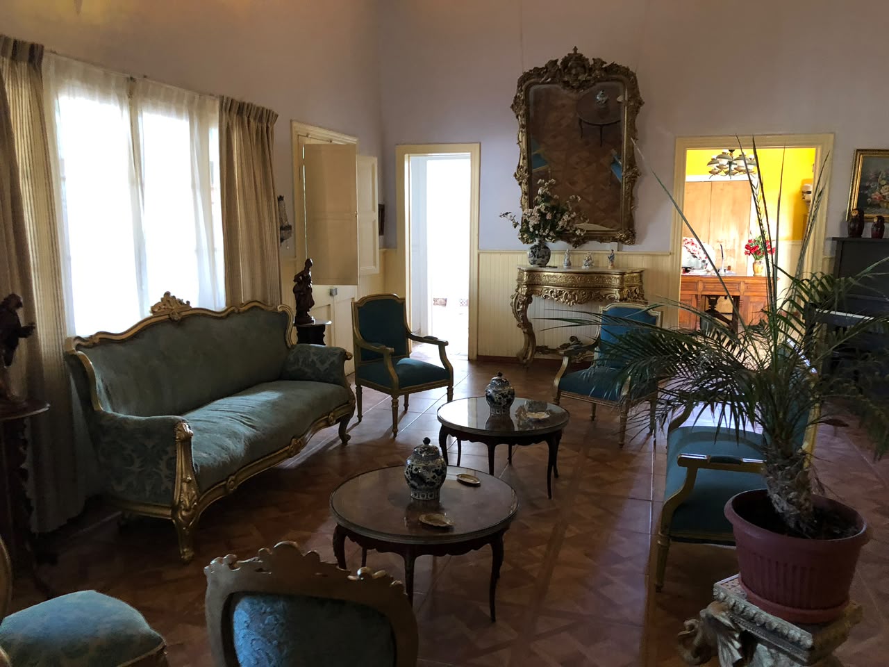 Salón de Casa Vallereggia con sofá celeste, espejo dorado y palmera junto a los ventanales