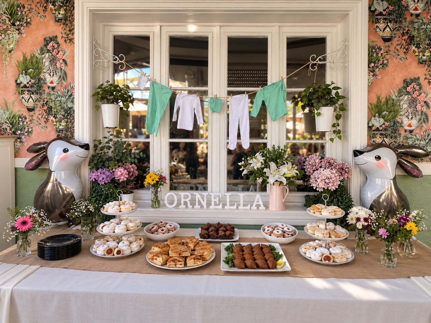 Mesa de celebración con dulces y decoración para un evento en Caffè La Nonna